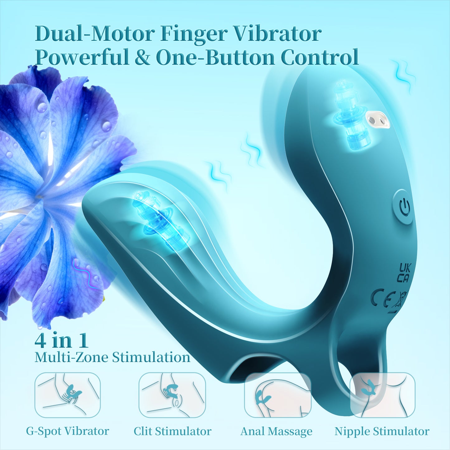 Dual Touch Finger Vibrator - Ergonomic Vibrator with Dual Motors, for Couples or Solo Fun, 9 Vibration Modes, Waterproof Rechargeable Silicone, Teal