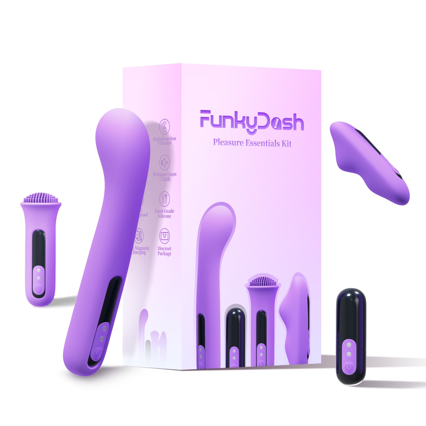 Funkydash 10-Mode Vibrator Set for Women or Couples |Includes G Spot, Clitoral & Flared Tickler with Removable Bullet | USB Rechargeable Silicone Collection | Purple